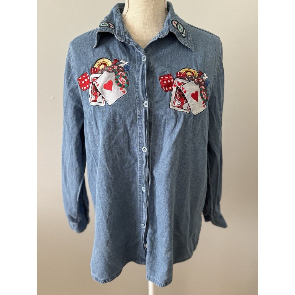 Vintage 90s Passion Poker Chip Embroidered Denim Shirt Long Sleeve‎ Cotton M